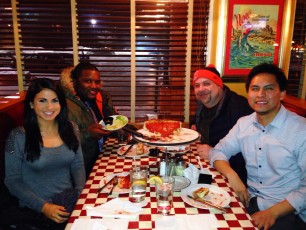 Deep dish pizza with the "Inside the Bears" crew